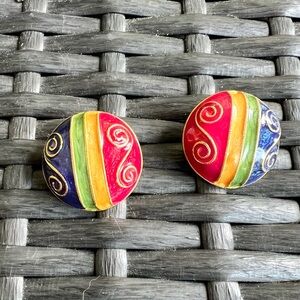 Vintage 70s dome enamel priced earrings gold tone vibrant colors.